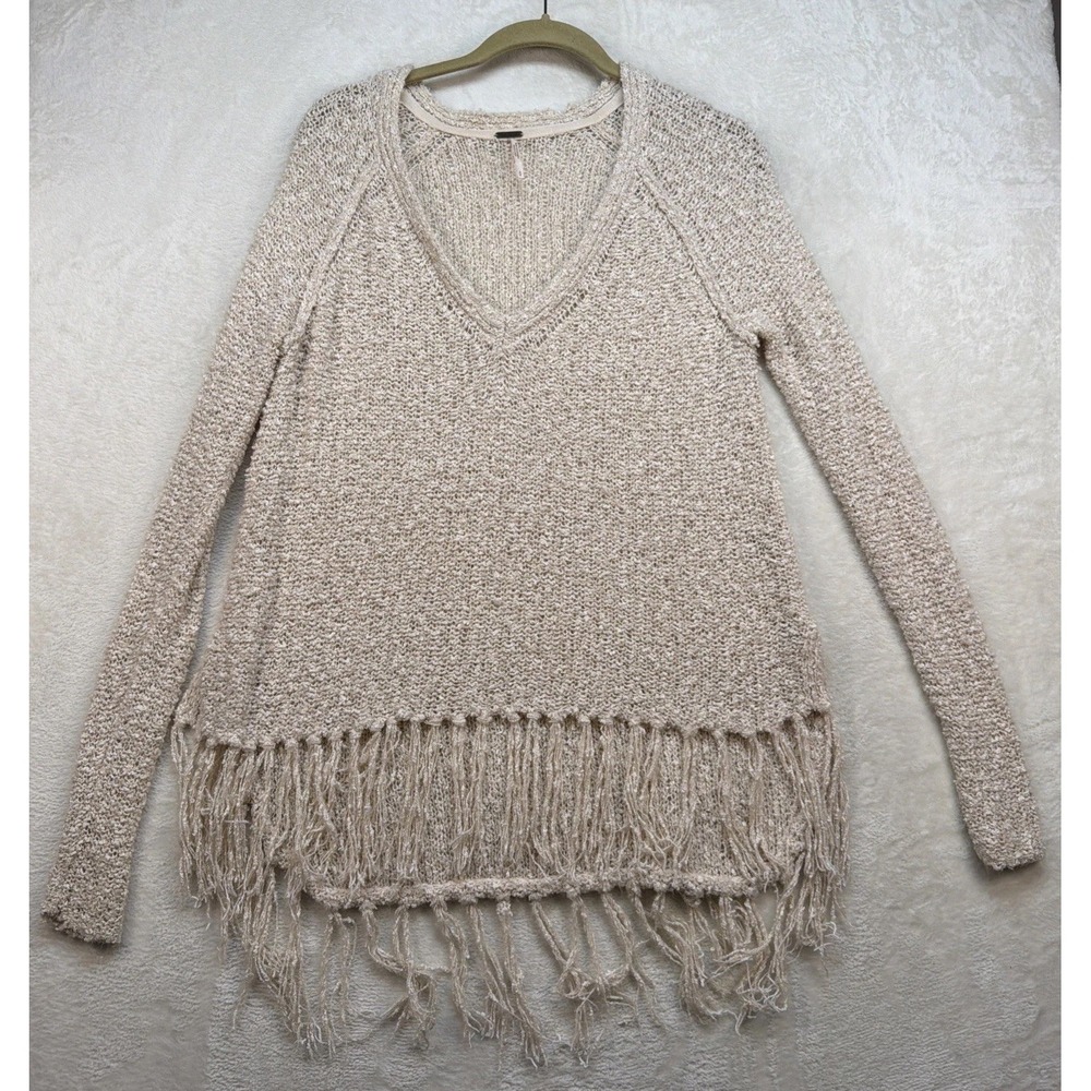 Free People Sweater Women's S Ivory V Neck Fringe Hem Boho Open Knit Pullover